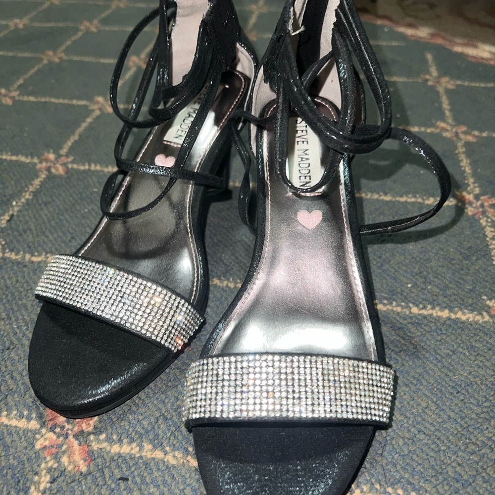 Steve Madden Black Strappy Heels with Rhinestone Detail